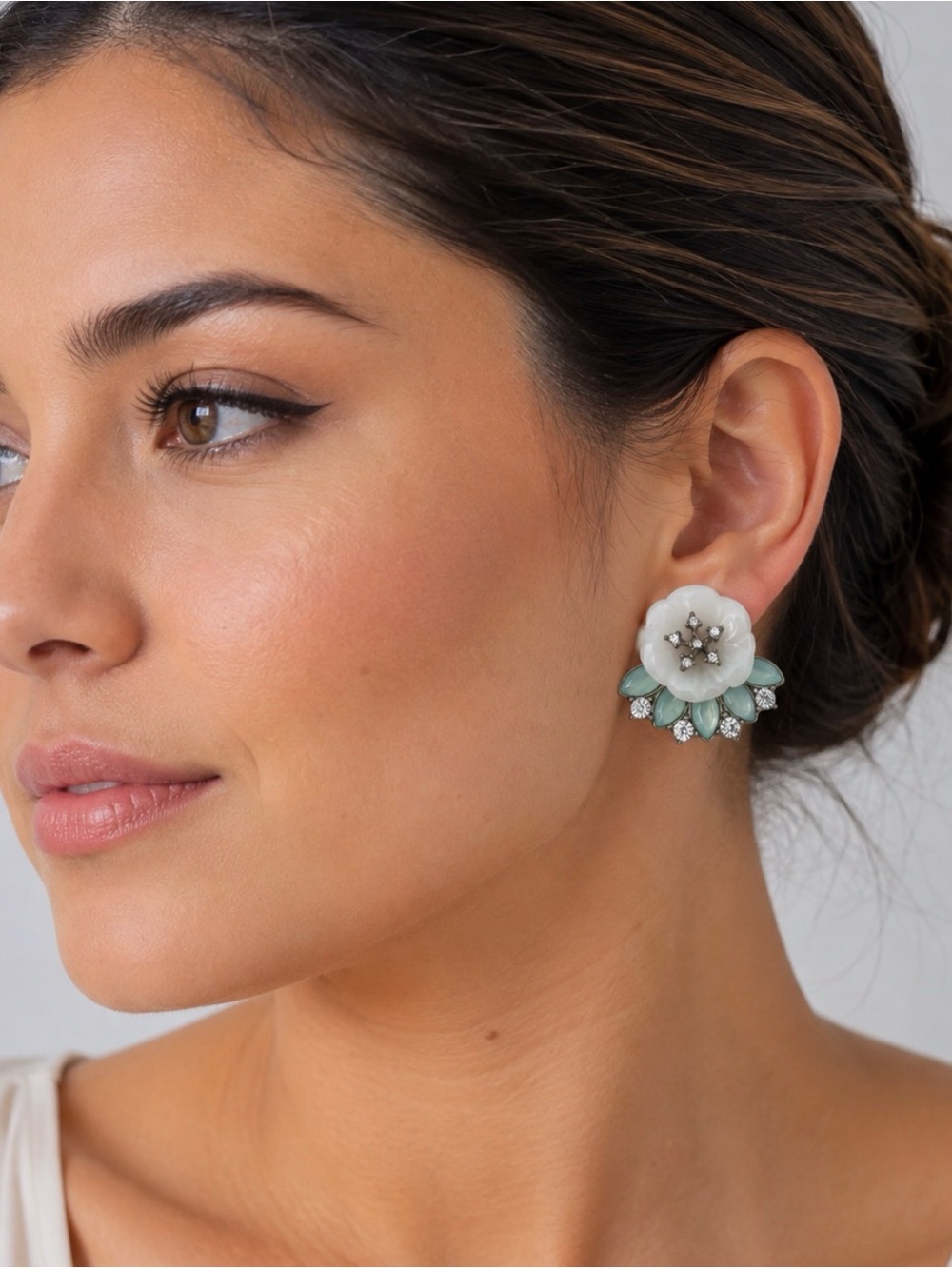 White and Mint Floral Cluster Stud Earrings